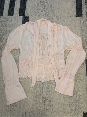 NWOT Free People Blush Ruched Button Front Tie-Neck Blouse Romantic Long Sleeve